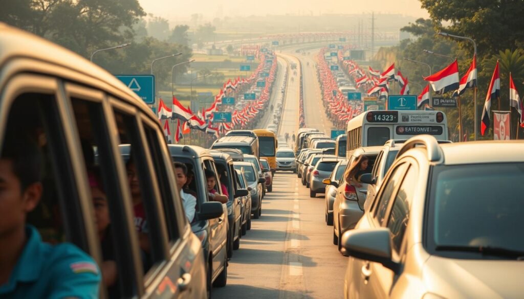 A bustling highway packed with cars and buses, the annual Mudik Lebaran migration capturing the spirit of Indonesia's homecoming tradition. In the foreground, families crammed inside vehicles, expressions of excitement and anticipation etched on their faces. The middle ground reveals a patchwork of colorful flags and banners lining the roads, creating a festive atmosphere. In the distance, a hazy horizon suggests the long journey ahead, the winding road disappearing into the horizon. Warm, golden-hued lighting bathes the scene, conveying the sense of a cherished cultural event. A wide-angle lens captures the grand scale of this iconic movement, a visual representation of the powerful social and economic forces at play.