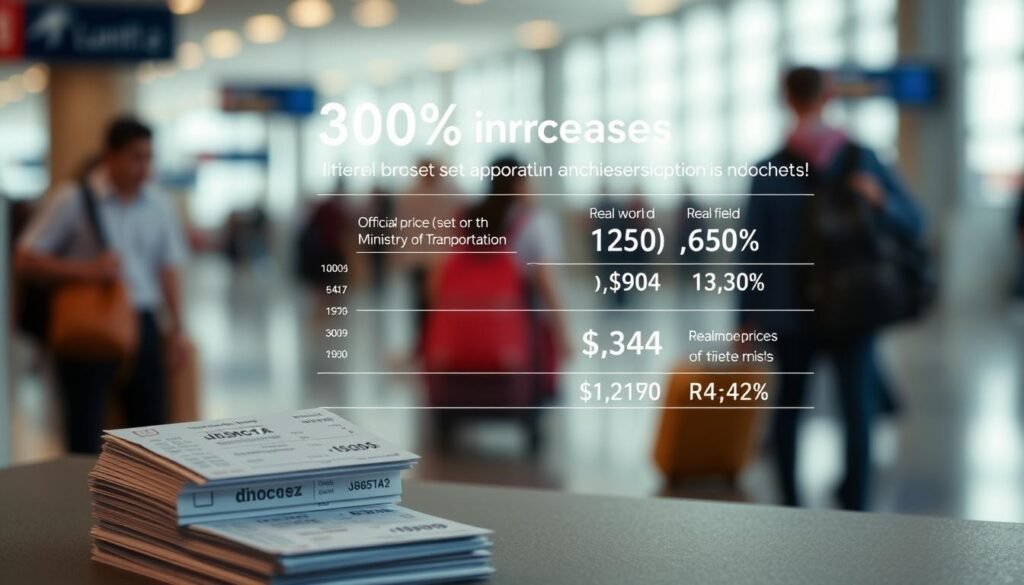 A detailed data visualization of airline ticket prices in Indonesia, showcasing the 300% increase. In the foreground, a stack of airline tickets in various denominations, their prices starkly contrasted against a muted background. The middle ground features a clean, minimalist infographic displaying the official price limits set by the Ministry of Transportation, juxtaposed with real-world ticket prices observed in the field. The background is a soft, blurred image of a bustling airport terminal, capturing the energy and demand for air travel despite the steep price hikes.