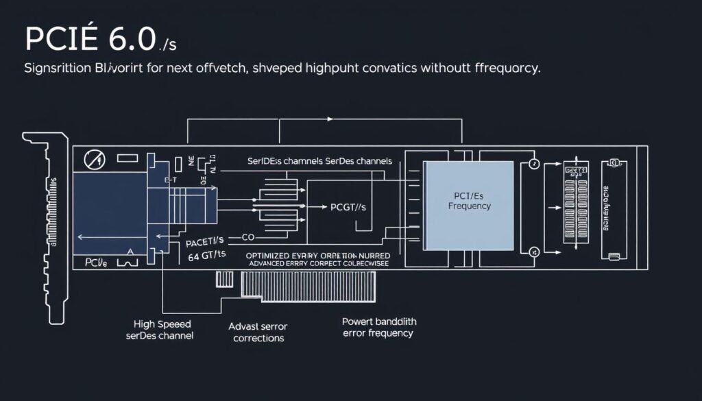 A detailed schematic blueprint of the next-generation PCIe 6.0 interface, showcasing its advanced 64 GT/s data transfer capabilities. The image depicts a clean, technical illustration with a focus on the high-speed SerDes channels, optimized signaling, and advanced error correction mechanisms that enable this significant bandwidth improvement without increasing the clock frequency. The scene has a sleek, high-tech aesthetic, with a neutral color palette and minimalist design elements that convey the engineering elegance and efficiency of the PCIe 6.0 standard. Crisp lines, precise schematics, and subtle shadows create depth and dimensionality, highlighting the innovative architecture that powers the next era of high-performance computing and storage. A detailed schematic blueprint of the next-generation PCIe 6.0 interface, showcasing its advanced 64 GT/s data transfer capabilities. The image depicts a clean, technical illustration with a focus on the high-speed SerDes channels, optimized signaling, and advanced error correction mechanisms that enable this significant bandwidth improvement without increasing the clock frequency. The scene has a sleek, high-tech aesthetic, with a neutral color palette and minimalist design elements that convey the engineering elegance and efficiency of the PCIe 6.0 standard. Crisp lines, precise schematics, and subtle shadows create depth and dimensionality, highlighting the innovative architecture that powers the next era of high-performance computing and storage.