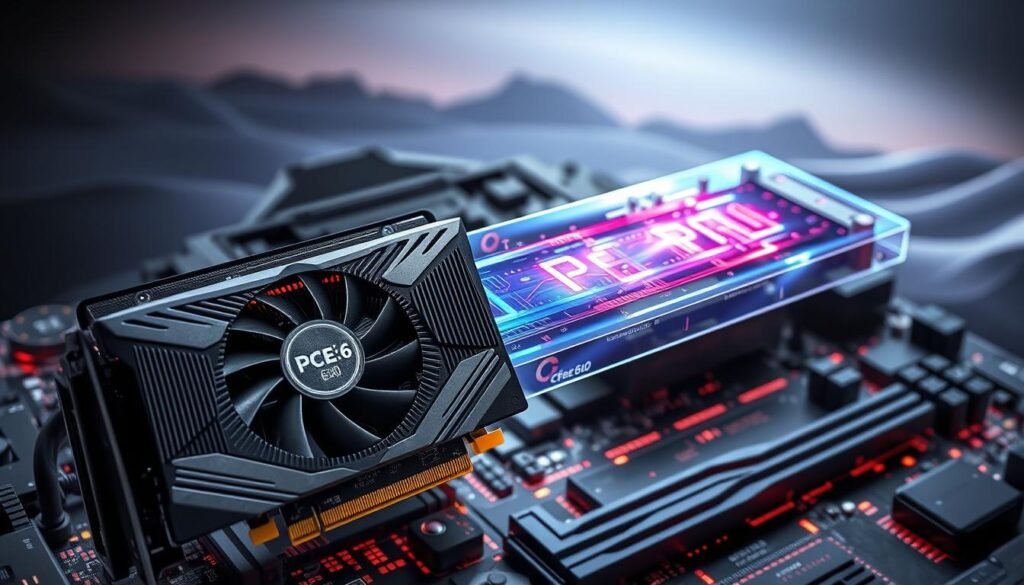 A detailed, technical illustration of the PCIe 6.0 GPU bandwidth capabilities. In the foreground, a cutting-edge GPU with intricate circuit patterns and heat sinks, rendered in sleek metallic tones. The middle ground features a transparent PCIe 6.0 bus interface, pulsing with vivid energy, conveying the immense data throughput. The background showcases a futuristic motherboard landscape, with minimalist design elements and a sense of technological advancement. The lighting is dramatic, with sharp contrasts and subtle glow, emphasizing the power and potential of this next-generation PCIe standard. The overall mood is one of cutting-edge innovation, highlighting the GPU's seamless integration and the elimination of potential bandwidth bottlenecks. A detailed, technical illustration of the PCIe 6.0 GPU bandwidth capabilities. In the foreground, a cutting-edge GPU with intricate circuit patterns and heat sinks, rendered in sleek metallic tones. The middle ground features a transparent PCIe 6.0 bus interface, pulsing with vivid energy, conveying the immense data throughput. The background showcases a futuristic motherboard landscape, with minimalist design elements and a sense of technological advancement. The lighting is dramatic, with sharp contrasts and subtle glow, emphasizing the power and potential of this next-generation PCIe standard. The overall mood is one of cutting-edge innovation, highlighting the GPU's seamless integration and the elimination of potential bandwidth bottlenecks.