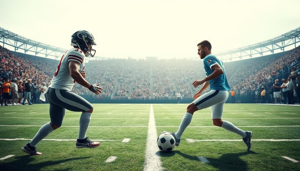 A dynamic comparison between the fields of American football and soccer, showcasing their distinct rules, pacing, and terminology. In the foreground, two players, one from each sport, facing off with determination, their uniforms and equipment subtly highlighting the contrasts. The midground reveals the vastly different playing environments - the expansive, grid-marked American football field juxtaposed with the fluid, open soccer pitch. In the background, a hazy crowd cheers, their enthusiasm palpable, underscoring the passionate fan bases that define these sports. Crisp, high-contrast lighting accentuates the players' movements, creating an atmosphere of intensity and competition.