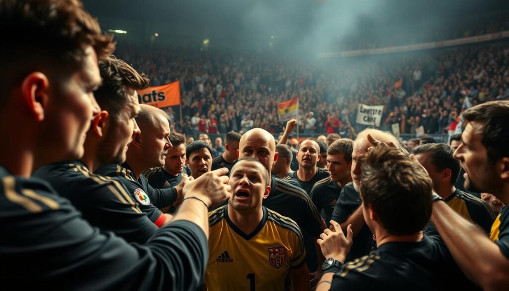 A heated protest scene on a soccer pitch, with players and officials in heated discussion. The foreground features angry players gesturing and shouting, their faces flushed with emotion. The middle ground shows a stern-faced referee, surrounded by a crowd of disgruntled players. In the background, a chaotic crowd of spectators can be seen, some waving banners and signs. The lighting is dramatic, with shadows and highlights creating a sense of tension and conflict. The camera angle is low, capturing the intensity of the moment from an immersive perspective. The overall mood is one of high-stakes confrontation and a breakdown in sportsmanship. A heated protest scene on a soccer pitch, with players and officials in heated discussion. The foreground features angry players gesturing and shouting, their faces flushed with emotion. The middle ground shows a stern-faced referee, surrounded by a crowd of disgruntled players. In the background, a chaotic crowd of spectators can be seen, some waving banners and signs. The lighting is dramatic, with shadows and highlights creating a sense of tension and conflict. The camera angle is low, capturing the intensity of the moment from an immersive perspective. The overall mood is one of high-stakes confrontation and a breakdown in sportsmanship.