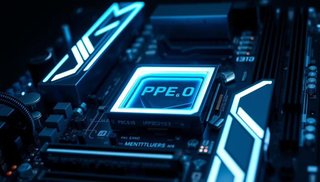 A high-tech motherboard in a sleek, futuristic design, illuminated by cool, crisp lighting. In the center, a prominent PCIe 6.0 slot, its edges glowing with a vibrant, electric blue hue. Surrounding it, an array of state-of-the-art components and connectors, each meticulously detailed, creating a harmonious, cutting-edge composition. The scene is bathed in a subtle, atmospheric glow, conveying a sense of technological advancement and innovation. The overall tone is one of sophistication, power, and the promise of unparalleled performance. A high-tech motherboard in a sleek, futuristic design, illuminated by cool, crisp lighting. In the center, a prominent PCIe 6.0 slot, its edges glowing with a vibrant, electric blue hue. Surrounding it, an array of state-of-the-art components and connectors, each meticulously detailed, creating a harmonious, cutting-edge composition. The scene is bathed in a subtle, atmospheric glow, conveying a sense of technological advancement and innovation. The overall tone is one of sophistication, power, and the promise of unparalleled performance.