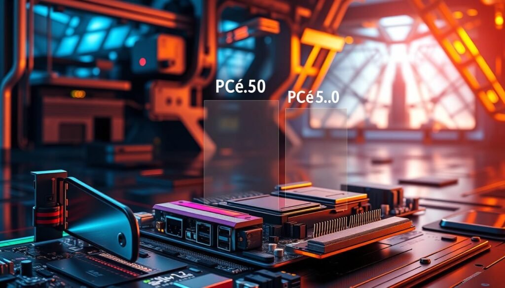 A highly detailed, photorealistic illustration of the evolution of PCIe generations and their respective bandwidths. Depicted in the foreground is a sleek, modern motherboard component showcasing the PCIe 6.0 interface, with vibrant colors and intricate details. In the middle ground, transparent overlays depict the bandwidth capabilities of PCIe 4.0, 5.0, and 6.0, visually demonstrating the exponential growth in data transfer rates. The background features a serene, futuristic tech landscape with gleaming metallic structures, casting warm, dramatic lighting on the scene. The overall composition conveys a sense of technological progress and the ever-increasing demands for high-speed data transmission in modern computing. A highly detailed, photorealistic illustration of the evolution of PCIe generations and their respective bandwidths. Depicted in the foreground is a sleek, modern motherboard component showcasing the PCIe 6.0 interface, with vibrant colors and intricate details. In the middle ground, transparent overlays depict the bandwidth capabilities of PCIe 4.0, 5.0, and 6.0, visually demonstrating the exponential growth in data transfer rates. The background features a serene, futuristic tech landscape with gleaming metallic structures, casting warm, dramatic lighting on the scene. The overall composition conveys a sense of technological progress and the ever-increasing demands for high-speed data transmission in modern computing.