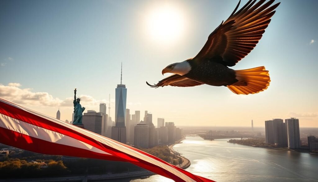 A majestic bald eagle soars over the iconic silhouette of the Statue of Liberty, casting a grand, patriotic shadow across a panoramic landscape. In the foreground, the stars and stripes of the American flag flutter majestically, their vibrant colors illuminated by warm, golden sunlight. The background features the towering skyscrapers of New York City, their mirrored facades reflecting the serene waters of the Hudson River. The overall scene conveys a sense of national pride, power, and the enduring spirit of the United States.