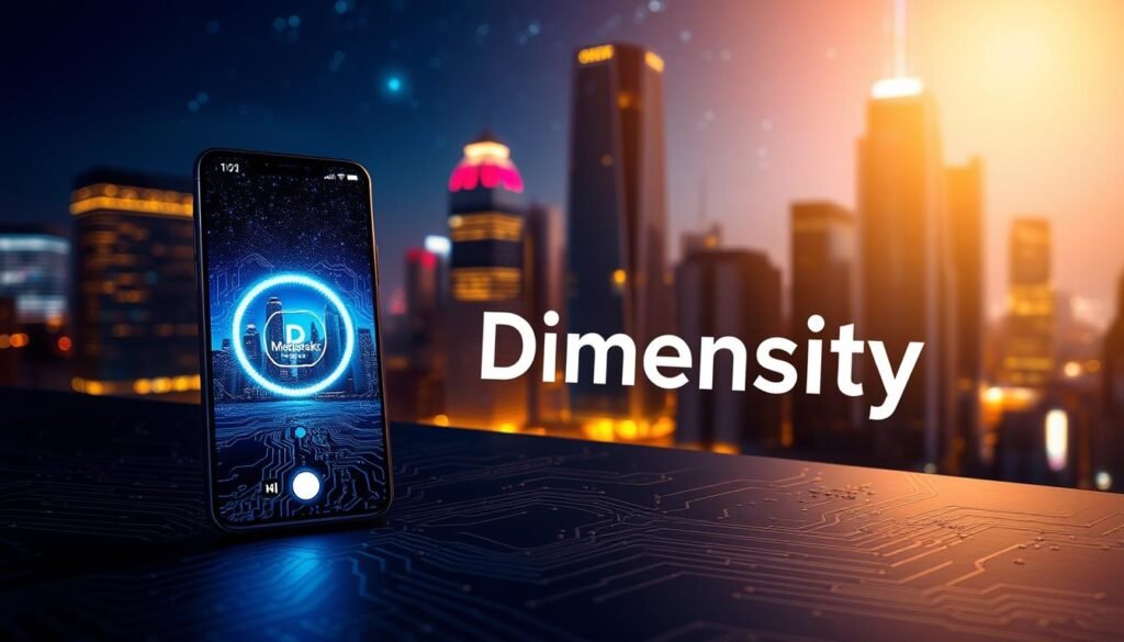 A night scene showcasing the MediaTek Dimensity chipset. In the foreground, a sleek and modern smartphone displaying a vibrant, low-noise night photography mode. The middle ground features the Dimensity logo, glowing with a soft, ambient light, surrounded by intricate circuit board patterns. In the background, a cityscape with towering skyscrapers and a starry, deep blue sky. The scene is bathed in a warm, golden glow, highlighting the advanced AI-powered imaging capabilities of the Dimensity platform. The overall atmosphere conveys a sense of technological sophistication and the power of computational photography.