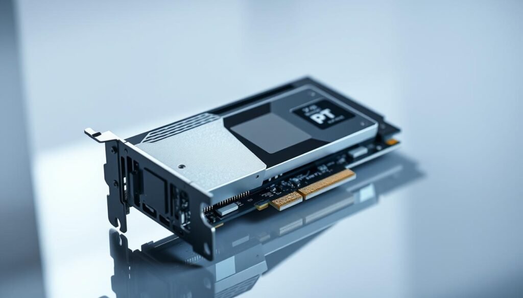 A sleek, high-performance SSD with a PCIe 6.0 interface sits on a glossy, reflective surface, its intricate design and advanced components showcased against a crisp, clean background. Shimmering silver heat sinks and precision-engineered circuits hint at the raw power and exceptional read/write speeds of up to 60 GB/s this cutting-edge storage solution can deliver. Subtle lighting casts dramatic shadows, emphasizing the SSD's striking aesthetic and technical prowess. The scene evokes a sense of technological innovation and the future of data-intensive applications, hinting at the potential of this next-generation storage technology. A sleek, high-performance SSD with a PCIe 6.0 interface sits on a glossy, reflective surface, its intricate design and advanced components showcased against a crisp, clean background. Shimmering silver heat sinks and precision-engineered circuits hint at the raw power and exceptional read/write speeds of up to 60 GB/s this cutting-edge storage solution can deliver. Subtle lighting casts dramatic shadows, emphasizing the SSD's striking aesthetic and technical prowess. The scene evokes a sense of technological innovation and the future of data-intensive applications, hinting at the potential of this next-generation storage technology.