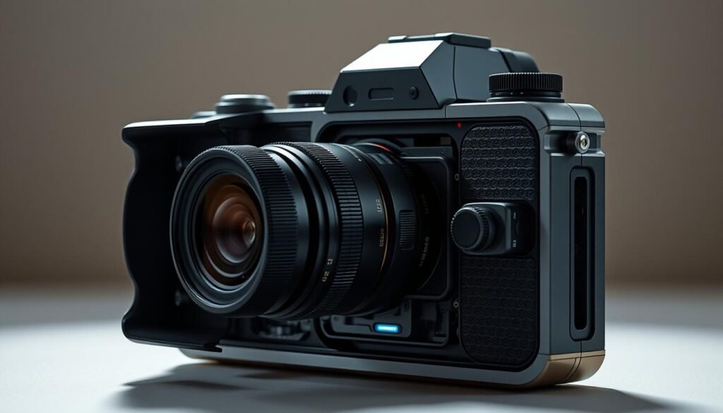 A sleek, sophisticated camera housing with a complex array of lenses, sensors, and processing modules. The body is crafted from premium materials, with a minimalist, almost sculptural design. Strategically placed controls and a high-resolution viewfinder suggest advanced functionality. Subtle accent lighting illuminates the camera, creating a sense of technological elegance. The scene is bathed in a soft, diffused light, highlighting the intricate details and precision engineering of this "smart camera" - a tool for the modern photographer, capable of capturing stunning low-light images with computational ease.