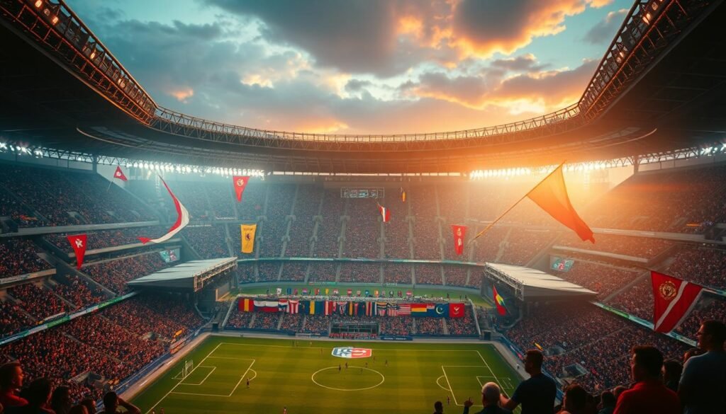A vast and intricate tapestry of global football leagues, each with its own captivating moniker, unfurls before the viewer. A richly detailed, cinematic scene captures the essence of these diverse "julukan", or league nicknames, set against a backdrop of towering stadiums, vibrant cityscapes, and passionate fans. The image exudes a sense of international flair, with subtle nods to the cultural and historical influences that have shaped these iconic league identities. Warm, dramatic lighting casts a sense of awe and wonder, inviting the observer to delve deeper into the world of these lesser-known, yet captivating, football league monikers.