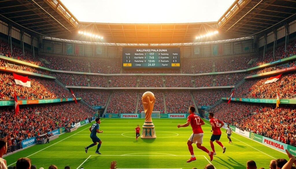 An expansive football stadium under warm, golden sunlight, filled with passionate fans waving colorful flags and banners. The lush, manicured pitch takes center stage, with the iconic World Cup trophy prominently displayed. Players from two national teams, dressed in their distinctive uniforms, engage in an intense match, their faces etched with determination. In the background, a large scoreboard displays the current standings and upcoming fixtures for the World Cup qualification round. The scene evokes the thrill and anticipation of the global competition, capturing the essence of the "Kualifikasi Piala Dunia" - the journey to the grandest stage of international football. An expansive football stadium under warm, golden sunlight, filled with passionate fans waving colorful flags and banners. The lush, manicured pitch takes center stage, with the iconic World Cup trophy prominently displayed. Players from two national teams, dressed in their distinctive uniforms, engage in an intense match, their faces etched with determination. In the background, a large scoreboard displays the current standings and upcoming fixtures for the World Cup qualification round. The scene evokes the thrill and anticipation of the global competition, capturing the essence of the "Kualifikasi Piala Dunia" - the journey to the grandest stage of international football.