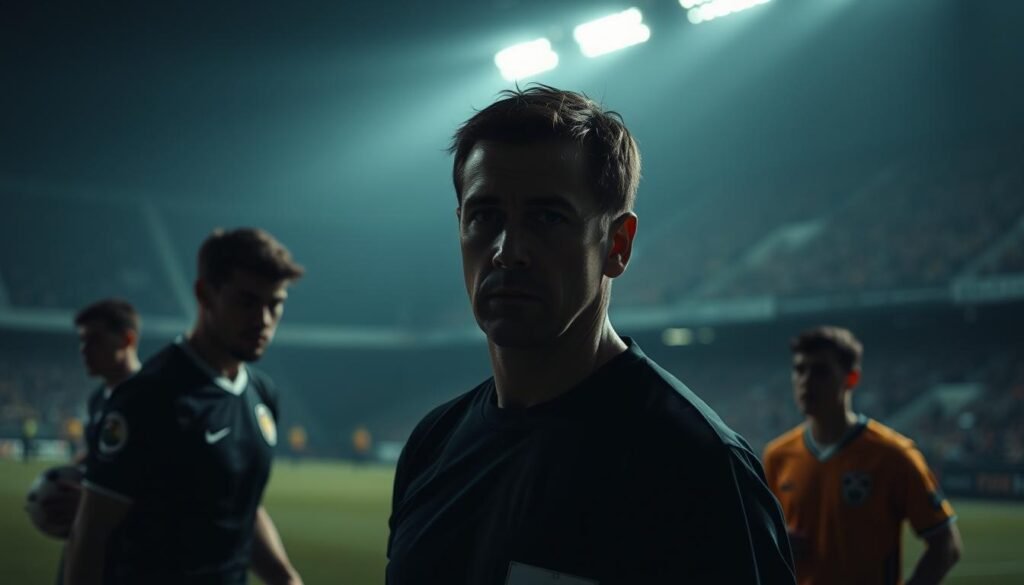 A dimly lit football field, with players and a referee in the foreground, their figures partially obscured by shadows. The referee's expression is stern, their gaze fixed intently on the match. The players move with purpose, their faces slightly blurred, suggesting the dynamic action of the game. In the background, the stadium stands loom, their seats filled with indistinct spectators, creating a sense of depth and atmosphere. The lighting is a mix of natural and artificial sources, creating a moody, pensive mood, as if the viewer is questioning the referee's perception of the game. A dimly lit football field, with players and a referee in the foreground, their figures partially obscured by shadows. The referee's expression is stern, their gaze fixed intently on the match. The players move with purpose, their faces slightly blurred, suggesting the dynamic action of the game. In the background, the stadium stands loom, their seats filled with indistinct spectators, creating a sense of depth and atmosphere. The lighting is a mix of natural and artificial sources, creating a moody, pensive mood, as if the viewer is questioning the referee's perception of the game.
