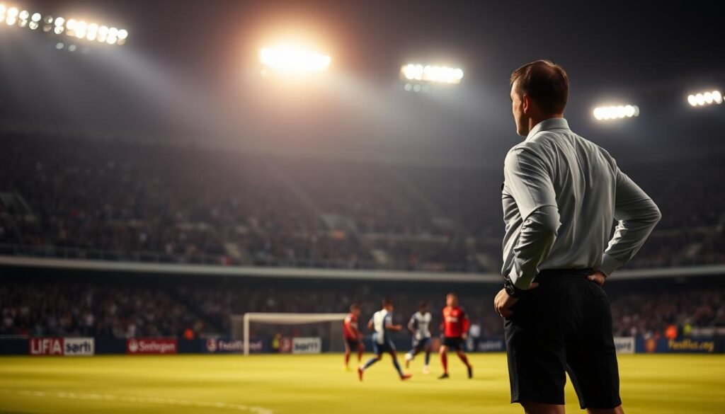 A dimly lit football stadium, its floodlights casting a warm glow over the manicured pitch. In the foreground, a European referee in a crisp uniform, hand on their hip, surveying the match with a discerning eye. The midfield is a blur of motion, players in their vibrant club jerseys, as they vie for possession of the ball. In the background, the stands are filled with passionate fans, their faces obscured by shadow, yet their energy palpable. The scene exudes a sense of professionalism and intensity, as the referee oversees the high-stakes encounter of Liga 1, Europe's premier football league. A dimly lit football stadium, its floodlights casting a warm glow over the manicured pitch. In the foreground, a European referee in a crisp uniform, hand on their hip, surveying the match with a discerning eye. The midfield is a blur of motion, players in their vibrant club jerseys, as they vie for possession of the ball. In the background, the stands are filled with passionate fans, their faces obscured by shadow, yet their energy palpable. The scene exudes a sense of professionalism and intensity, as the referee oversees the high-stakes encounter of Liga 1, Europe's premier football league.