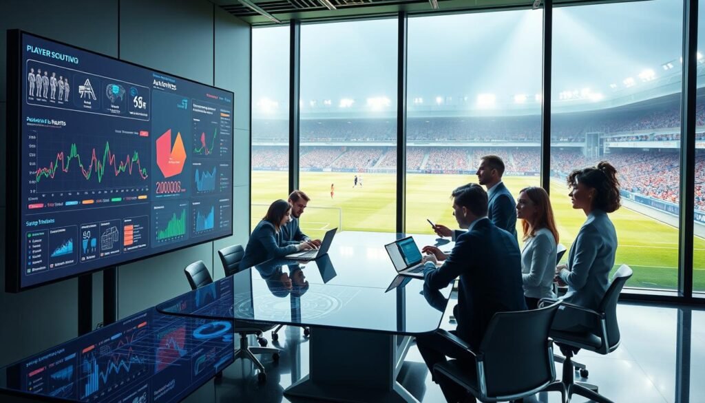 A futuristic and sleek office setting where data analysis is key to player scouting in soccer. In the foreground, a large screen displays advanced analytics and visualizations of player statistics, showcasing graphs, heat maps, and AI algorithms. In the middle ground, diverse professionals in business attire collaborate around a high-tech conference table, engaged in discussion with digital tablets and laptops. The background features large glass windows with a view of a soccer field, illuminated by soft, natural light, creating a vibrant and productive atmosphere. The mood is focused and innovative, emphasizing the synergy between technology and soccer scouting. The image captures the essence of data-driven decision-making in sports, without any text or disturbing elements.