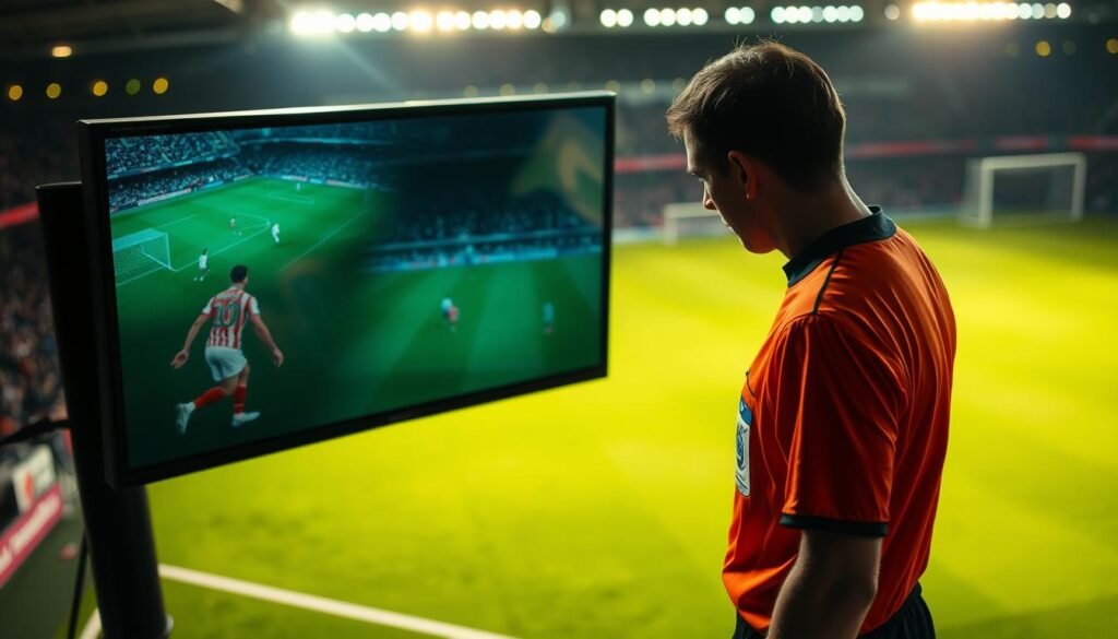A high-angle shot of a soccer referee standing on a lush, green pitch, intently focused on a video screen displaying match footage. The referee's face is partially obscured, but their body language conveys a sense of deep concentration as they analyze the play. The stadium lights cast a warm, dramatic glow, creating a sense of tension and importance. The background is blurred, drawing attention to the central figure and the video screen, which represents the VAR (Video Assistant Referee) system and its role in the game. The image should convey the crucial role of the VAR in assisting the referee's decision-making process, and the high stakes involved in getting those calls right. A high-angle shot of a soccer referee standing on a lush, green pitch, intently focused on a video screen displaying match footage. The referee's face is partially obscured, but their body language conveys a sense of deep concentration as they analyze the play. The stadium lights cast a warm, dramatic glow, creating a sense of tension and importance. The background is blurred, drawing attention to the central figure and the video screen, which represents the VAR (Video Assistant Referee) system and its role in the game. The image should convey the crucial role of the VAR in assisting the referee's decision-making process, and the high stakes involved in getting those calls right.