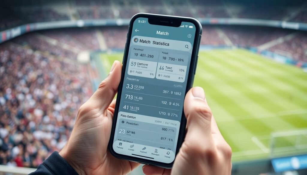 A high-angle shot of an iPhone screen displaying a detailed match statistics interface. The interface shows various metrics like pass accuracy, possession percentage, and other key data points in a clean, minimalist design. The iPhone is held by a referee's hands, with the stadium and crowd visible in the blurred background, conveying a sense of an official match setting. The lighting is soft and natural, highlighting the screen's clarity. The overall mood is one of precision, professionalism, and technological integration in modern sports officiating. A high-angle shot of an iPhone screen displaying a detailed match statistics interface. The interface shows various metrics like pass accuracy, possession percentage, and other key data points in a clean, minimalist design. The iPhone is held by a referee's hands, with the stadium and crowd visible in the blurred background, conveying a sense of an official match setting. The lighting is soft and natural, highlighting the screen's clarity. The overall mood is one of precision, professionalism, and technological integration in modern sports officiating.