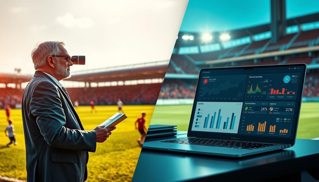 A split-screen composition illustrating the comparison between traditional scouting methods and AI-based scouting systems. On the left, depict a traditional scout, a middle-aged man in professional attire, observing a youth soccer match with a notepad and binoculars, capturing player statistics under a bright, sunny sky. On the right, show a digital interface showcasing an AI scouting tool, with charts, player stats, and analytics on a sleek laptop screen, sitting on a modern desk. The background should feature a vibrant football stadium, highlighting the contrast between old and new methods. Use dramatic lighting to emphasize the differences in approach, aiming for an informative yet dynamic atmosphere that captures the evolution of player scouting.