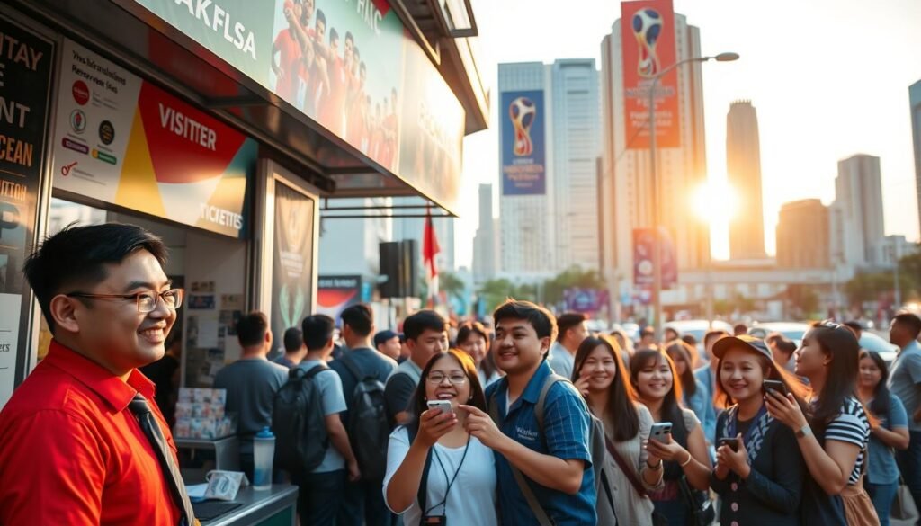 A vibrant urban scene depicting a lively ticket reservation booth for a popular public viewing event in Jakarta. In the foreground, a friendly ticket seller, wearing a smart uniform, interacts with a group of excited fans dressed in casual clothing, with energetic expressions as they discuss reservations. In the middle, colorful banners hang above the booth displaying enticing visuals of the Indonesian national football team and logos of sponsors, with people gathering around, some holding smartphones. The background showcases a bustling street with iconic Jakarta landmarks and tall buildings, subtly blurred to emphasize the ticket booth. The lighting is bright and cheerful, creating an inviting atmosphere, as the sun sets, casting a warm golden glow over the scene, evoking excitement and community spirit.