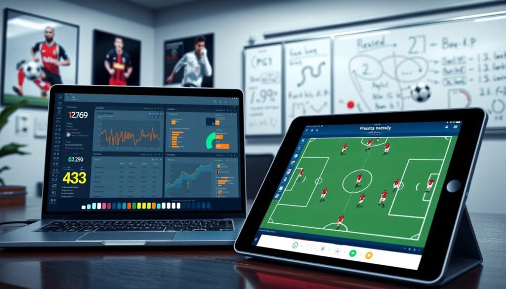 A detailed illustration depicting the tools for analyzing soccer data, focusing on pressing intensity. In the foreground, a sleek laptop displays complex data visualizations with colorful graphs and player statistics. Next to it, a digital tablet shows an animated analysis of PSG and Bayern players in a tactical formation. In the background, a modern sports analytics office environment is visible, with posters of soccer tactics on the walls and a whiteboard filled with strategic notes. The lighting is bright and focused, highlighting the screens' glow while creating a professional, insightful atmosphere. The camera angle captures the setup from a slight overhead view, emphasizing the tools and their significance in sports analysis. The overall mood is dynamic and informative, perfect for engaging soccer enthusiasts.