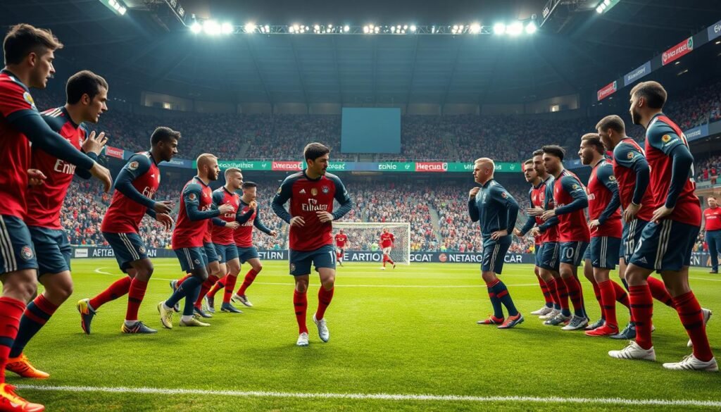 A detailed visual representation of Bayern Munich’s energy management strategy during a football match, emphasizing the team’s endurance and tactical depth. In the foreground, a dynamic scene of Bayern players in professional sports attire, showcasing their intense and focused expressions as they engage in a high-pressing drill. The middle layer highlights strategic coaches discussing game plans on the sidelines with clipboards and tactical boards. The background features a packed stadium under vibrant stadium lights, capturing an electric atmosphere, with fans in team colors. The image should convey teamwork, determination, and professionalism, with bright lighting to highlight the players’ athleticism and vibrant team spirit. Capture the essence of resilience and competitive energy throughout the scene, focusing on clarity and movement.