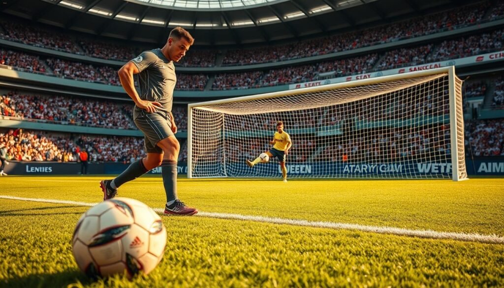 A focused penalty taker stands at the edge of the penalty box, poised to strike the ball with determination. His expression radiates mental toughness and confidence, highlighting a blend of concentration and calmness. He wears a fitted athletic jersey and shorts, reflecting a professional appearance. In the foreground, the well-worn soccer ball rests on the grass, nearly in line with his kicking foot. The middle ground captures a slightly blurred soccer goal with a goalkeeper anticipating the kick, exuding tension and readiness. The background showcases a vibrant stadium filled with fans, their faces a mixture of excitement and anxiety. The lighting is natural, emphasizing the late afternoon sun casting long shadows, creating a dramatic atmosphere. The angle captures the importance of the moment, drawing viewers into the heart of the action.