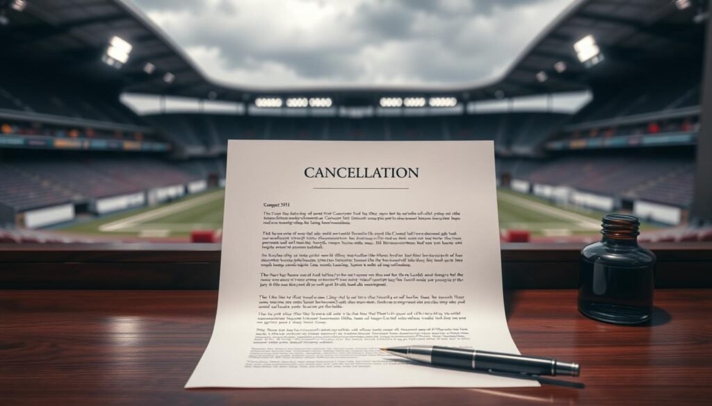 A formal cancellation letter for a sports match, elegantly designed with a clean and professional layout. In the foreground, the letter is prominently displayed on a polished wooden desk, with a sleek pen and an ink bottle beside it, suggesting an atmosphere of seriousness and authority. In the middle layer, include soft shadows and gentle lighting illuminating the letter, emphasizing its crisp text and official header. In the background, a blurred image of a football stadium serves as a poignant reminder of the match that was cancelled, under muted tones of a cloudy sky. This composition conveys a sense of disappointment and formality, fitting for the title "Facts Behind Match Cancellation".