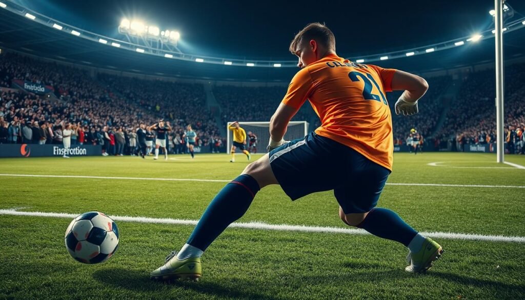 A soccer penalty scene capturing a tense moment on the pitch. In the foreground, a confident player in a professional soccer kit is poised to kick the ball, focusing intently on the goal. The middle ground features a goalkeeper dressed in vibrant safety colors, diving to their right, emphasizing the psychological battle between attacker and defender. The background reveals a cheering crowd, with banners waving, under bright stadium lights that create dramatic shadows on the field. The atmosphere is charged with excitement and anticipation, conveying the mental strategies involved in penalty taking. Capture this moment with a dynamic angle, emphasizing the curvature of the field and the intensity of the shooter's focus.