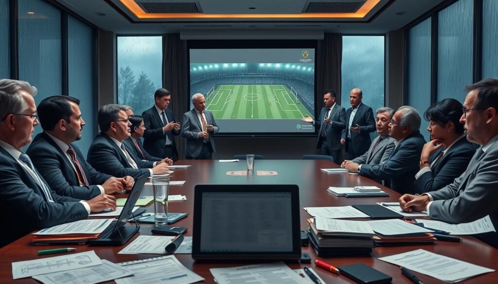 A tense sports meeting room filled with concerned officials in professional business attire discussing the impact of canceled training sessions for a national soccer team. In the foreground, a table cluttered with tactical game plans and notes, with a laptop displaying a spreadsheet of player schedules. The middle ground shows diverse officials gesturing towards a projection screen displaying a soccer field, symbolizing canceled matches. In the background, a large window reveals gloomy weather, with rain pouring down, creating a metaphorical reflection of the team's uncertain future. Soft, dim lighting enhances the serious atmosphere, while a wide-angle lens captures the urgency and emotional weight of the situation, reflecting the mood of anxiety and determination.