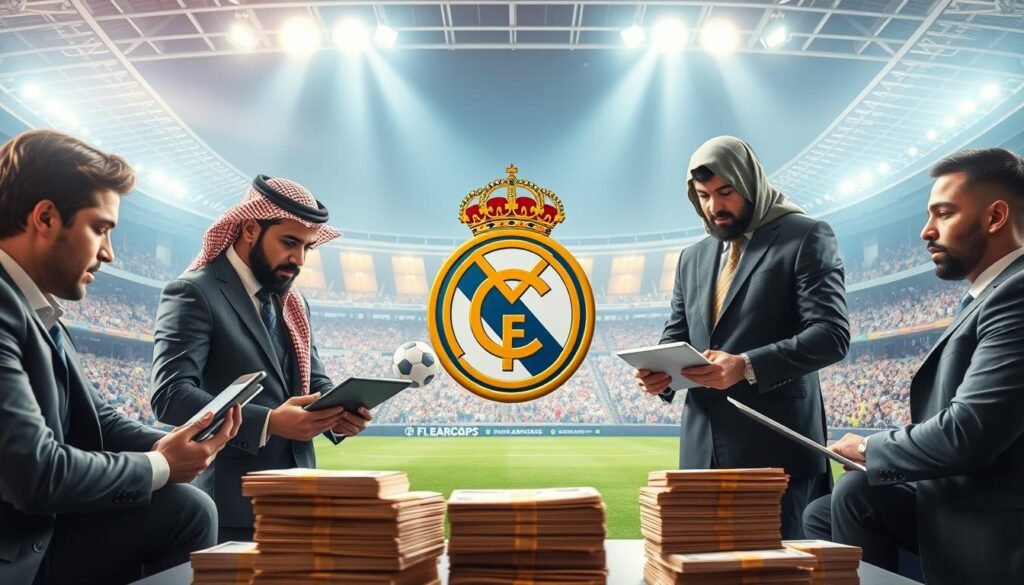 A vibrant, dynamic scene illustrating the financial impact of the Saudi Arabian league on modern football transfers. In the foreground, a diverse group of professional football agents in smart business attire engage in intense discussions, analyzing statistics on tablets and laptops. In the middle ground, a football club logo adorned with gold accents symbolizes wealth and prestige, while stacks of currency notes subtly hint at enormous transfer fees. In the background, an iconic stadium with dramatic lighting highlights the excitement and energy of football, with fans in the stands showcasing team colors. The atmosphere is charged with anticipation and modernity, captured in a wide-angle view that emphasizes the transformational financial influence of the league. The lighting is bright and inspiring, creating a hopeful yet competitive mood. A vibrant, dynamic scene illustrating the financial impact of the Saudi Arabian league on modern football transfers. In the foreground, a diverse group of professional football agents in smart business attire engage in intense discussions, analyzing statistics on tablets and laptops. In the middle ground, a football club logo adorned with gold accents symbolizes wealth and prestige, while stacks of currency notes subtly hint at enormous transfer fees. In the background, an iconic stadium with dramatic lighting highlights the excitement and energy of football, with fans in the stands showcasing team colors. The atmosphere is charged with anticipation and modernity, captured in a wide-angle view that emphasizes the transformational financial influence of the league. The lighting is bright and inspiring, creating a hopeful yet competitive mood.