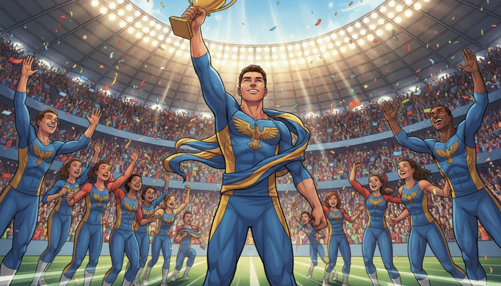 A vibrant illustration of a world champion athlete standing proudly in the foreground, showcasing their skill and dedication. The player is wearing a professional sports uniform, with the country's flag subtly emblazoned on the jersey. They are surrounded by fellow athletes of diverse backgrounds, each in matching attire, celebrating their unity in competition. In the background, a packed stadium illuminated with colorful lights, with fans cheering, waving flags, and creating an electric atmosphere. The focus is on the athlete’s determined expression, symbolizing perseverance and pride. The composition should be dynamic, with a slight angle to emphasize movement and excitement. The lighting is bright and dramatic, capturing the essence of triumph and teamwork in a sports context. A vibrant illustration of a world champion athlete standing proudly in the foreground, showcasing their skill and dedication. The player is wearing a professional sports uniform, with the country's flag subtly emblazoned on the jersey. They are surrounded by fellow athletes of diverse backgrounds, each in matching attire, celebrating their unity in competition. In the background, a packed stadium illuminated with colorful lights, with fans cheering, waving flags, and creating an electric atmosphere. The focus is on the athlete’s determined expression, symbolizing perseverance and pride. The composition should be dynamic, with a slight angle to emphasize movement and excitement. The lighting is bright and dramatic, capturing the essence of triumph and teamwork in a sports context.