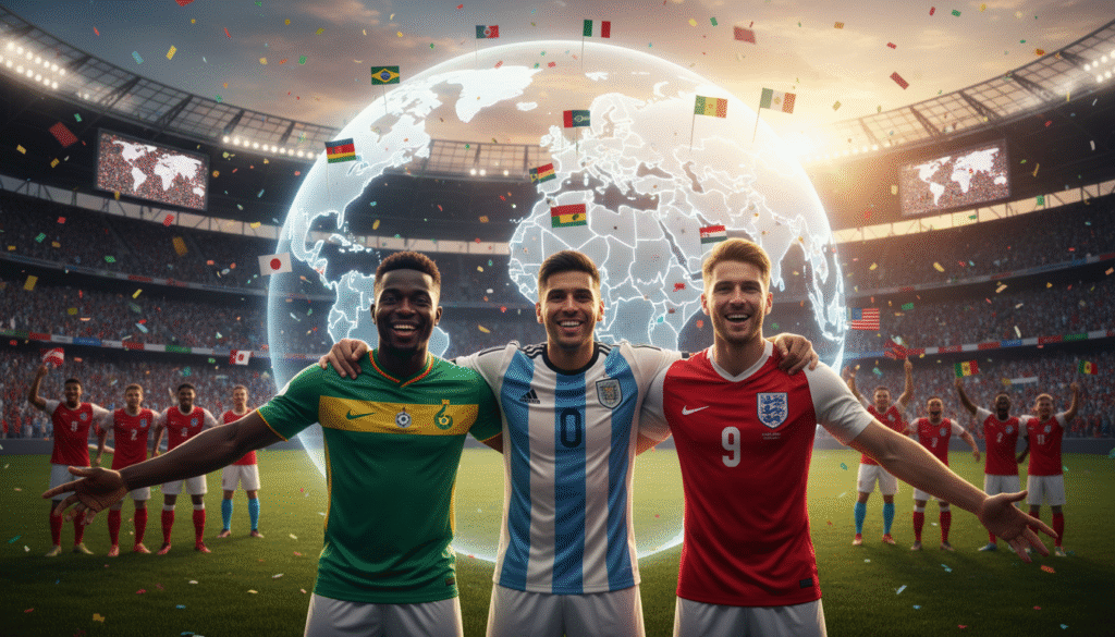 A visually informative image depicting a diverse group of professional football players representing various countries, clad in their national team jerseys. In the foreground, focus on three players from different backgrounds, showing enthusiasm and camaraderie. The middle ground features a stylized map of the world, highlighting countries known for producing the most players in international competitions, adorned with small flags. The background is a vibrant stadium atmosphere, filled with cheering fans, emphasizing global unity in sports. The lighting is bright and energetic, simulating a match day, with a slight lens flare that adds excitement to the scene. The overall mood is celebratory and dynamic, showcasing the passion for football across nations without any text or overlays. A visually informative image depicting a diverse group of professional football players representing various countries, clad in their national team jerseys. In the foreground, focus on three players from different backgrounds, showing enthusiasm and camaraderie. The middle ground features a stylized map of the world, highlighting countries known for producing the most players in international competitions, adorned with small flags. The background is a vibrant stadium atmosphere, filled with cheering fans, emphasizing global unity in sports. The lighting is bright and energetic, simulating a match day, with a slight lens flare that adds excitement to the scene. The overall mood is celebratory and dynamic, showcasing the passion for football across nations without any text or overlays.
