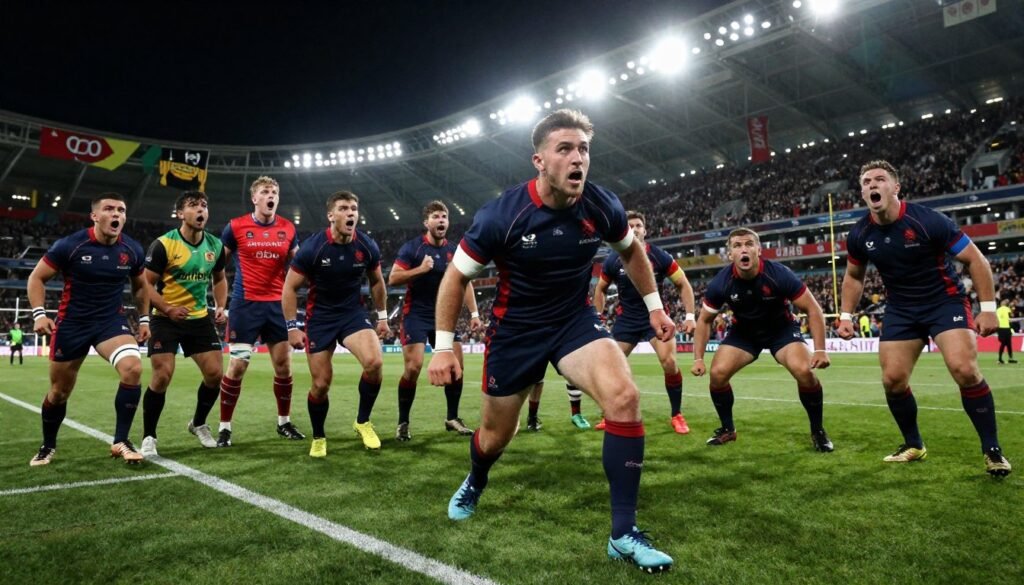 A dramatic sports moment capturing the turning point of a match, set on a vibrant stadium field illuminated by bright floodlights. In the foreground, a determined athlete in professional sports attire is seen mid-action, with intense focus and dynamic movement, while a diverse crowd erupts in cheers and excitement. The middle ground features teammates and opponents reacting with heightened emotions, showcasing expressions of surprise and tension. In the background, the stadium's atmosphere is alive with colorful banners and signs, creating an electrifying ambiance. The lighting emphasizes the athlete, casting dynamic shadows that heighten the scene's intensity. The overall mood is thrilling, emphasizing the pivotal moment of triumph or defeat in the game.