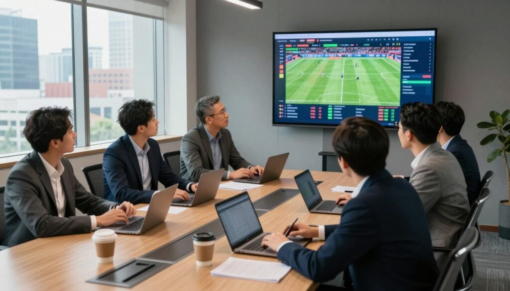 A dynamic scene depicting a post-match analysis meeting in a modern conference room. In the foreground, a group of five professionals dressed in smart business attire engage in passionate discussion, analyzing match statistics displayed on a sleek digital screen. The middle ground features a large table cluttered with laptops, notes, and coffee cups, symbolizing a collaborative atmosphere. The background shows large windows illuminating the room with natural light, providing a view of a vibrant cityscape. The mood conveys intense focus and teamwork, with shadows adding depth to the scene. The camera angle is slightly elevated, capturing both the participants and the visuals of data behind them, highlighting the broader context of discussion.