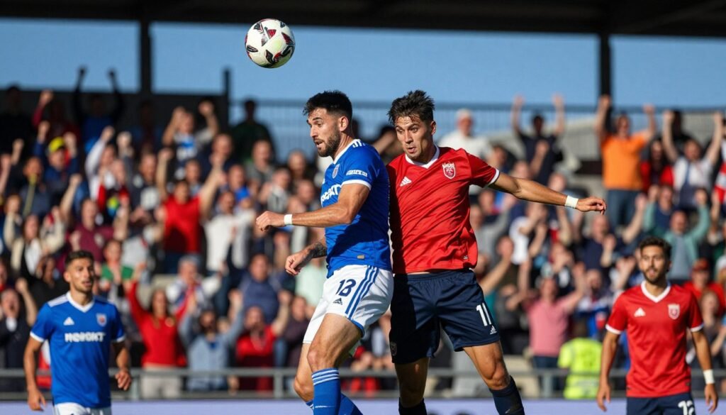 A dynamic soccer scene capturing the essence of a powerful central defensive duo dominating their zone. In the foreground, two strong, athletic players in professional jerseys, engaged in an intense aerial duel for the ball, showcasing their athleticism and focus. Their expressions reflect determination and teamwork. The middle ground features a blurred crowd of enthusiastic fans in a vibrant stadium, adding to the atmosphere. The background highlights a clear blue sky with dramatic lighting illuminating the players, creating a sense of tension and excitement. The image conveys an atmosphere of competitiveness and mastery, embodying the theme of defensive excellence in soccer. Focus on capturing the energy of the moment with a well-framed shot, emphasizing the players' athletic prowess.