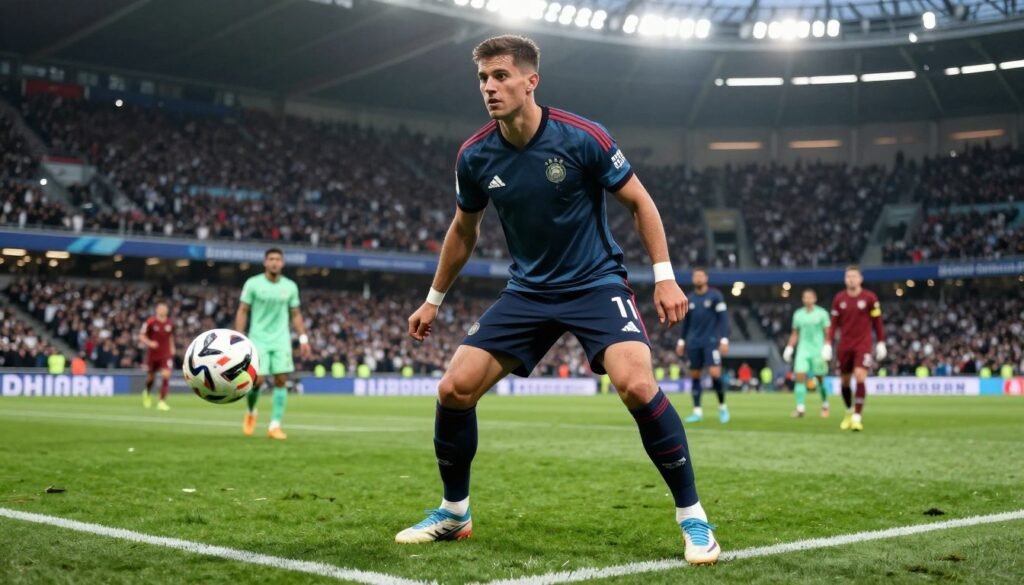 A modern central defender showcasing qualities of excellence in football, positioned confidently on a lush green pitch. In the foreground, the defender is wearing a sleek team kit, displaying athleticism and focus, with a determined expression, ready for an aerial duel. In the middle ground, dynamic elements like a football and teammates are subtly placed, emphasizing teamwork. The background features a vibrant stadium filled with cheering fans under bright stadium lights, creating an electrifying atmosphere. The image captures a slightly low angle perspective, highlighting the defender's stature and strength, while giving depth to the scene. The lighting is bright yet soft, evoking intensity and professionalism, suitable for illustrating modern football analytics and quality measures.